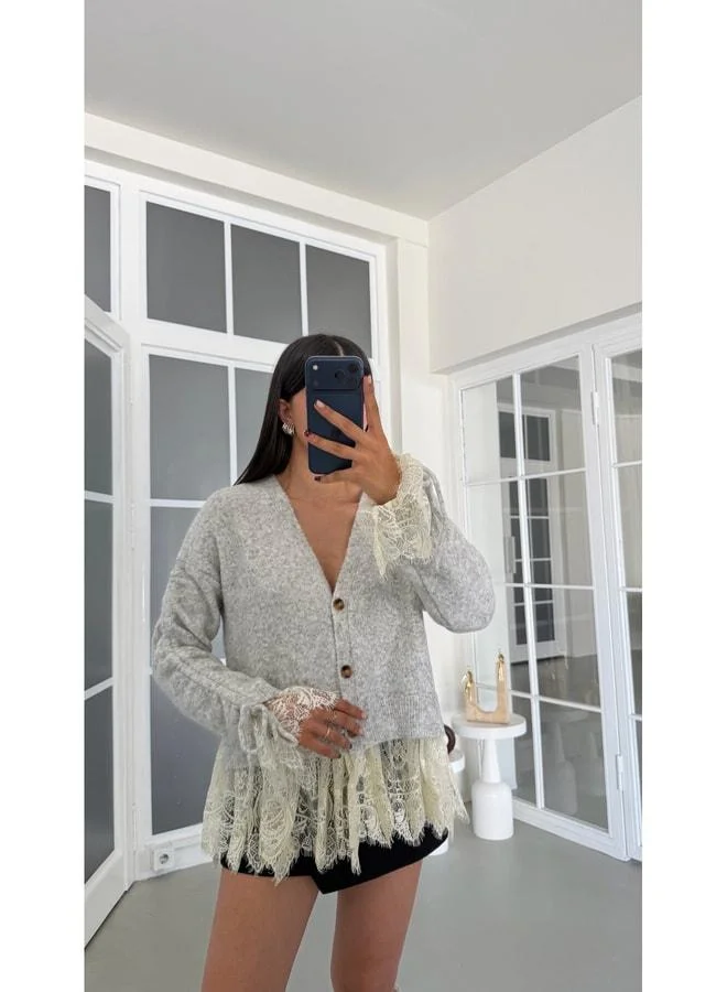 Gaus Gray Lace Detailed Knit Cardigan GAUS-01944.