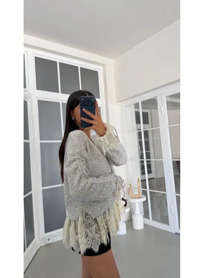 Gaus  Gray Lace Detailed Knit Cardigan GAUS-01944. for Women | Best Price UAE