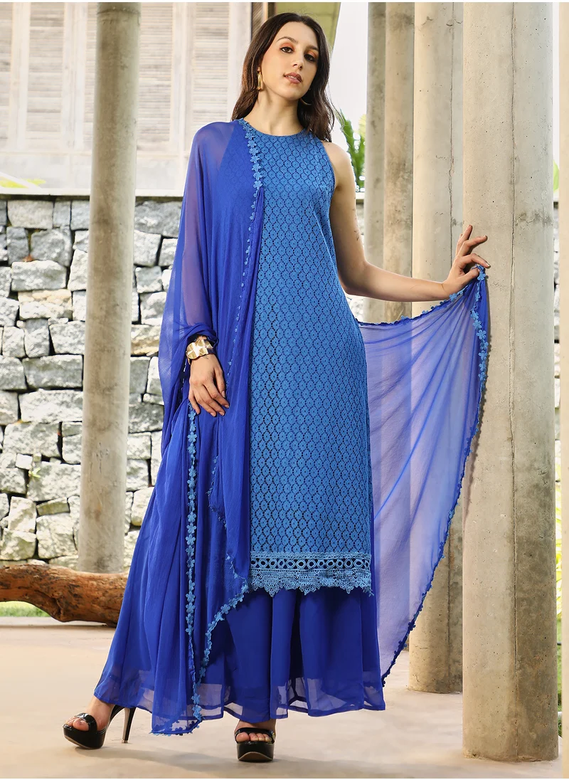  قصة Qissa Women's Royal Blue Ditsy Floral Kurta Set For Casual Wear | Halter Neck | Sleeveless | 3 Piece Kurta Set Designed With Comfort Fit For Everyday Ethnic Wear