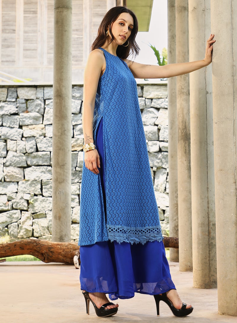 QISSA Qissa Women's Royal Blue Ditsy Floral Kurta Set For Casual Wear | Halter Neck | Sleeveless | 3 Piece Kurta Set Designed With Comfort Fit For Everyday Ethnic Wear  - Image 3