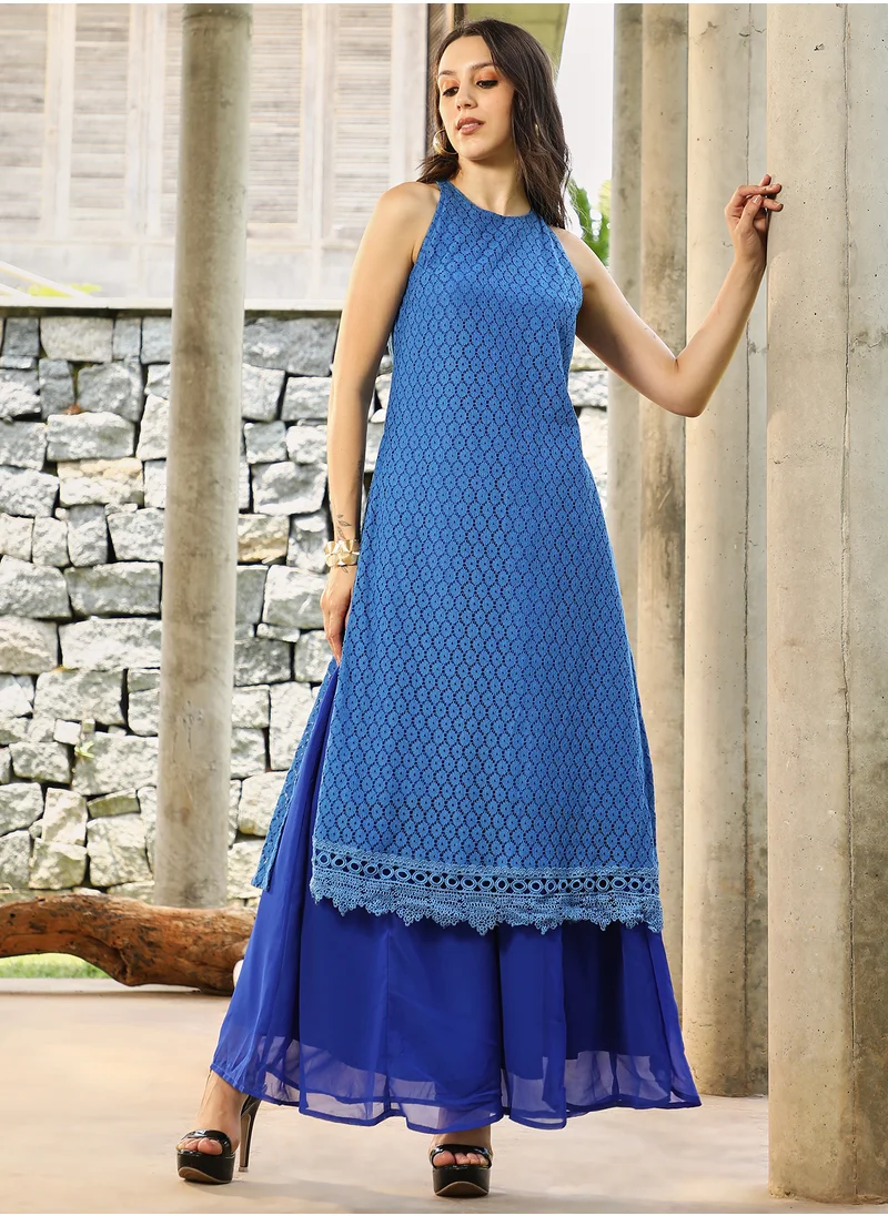  قصة Qissa Women's Royal Blue Ditsy Floral Kurta Set For Casual Wear | Halter Neck | Sleeveless | 3 Piece Kurta Set Designed With Comfort Fit For Everyday Ethnic Wear