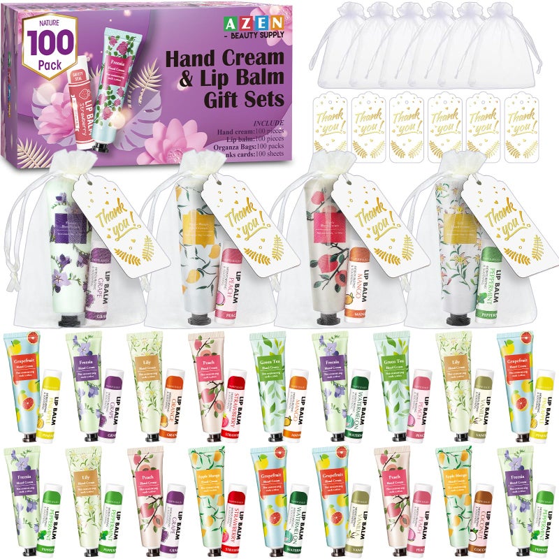 AZEN 100 Sets Bulk Gifts Hand Cream and Lip Balm Bulk Set with Organza Bag Thank You Card Baby Shower Wedding Gifts for Guests Bridal Wedding Favors for Guests Thank You Gifts for Women