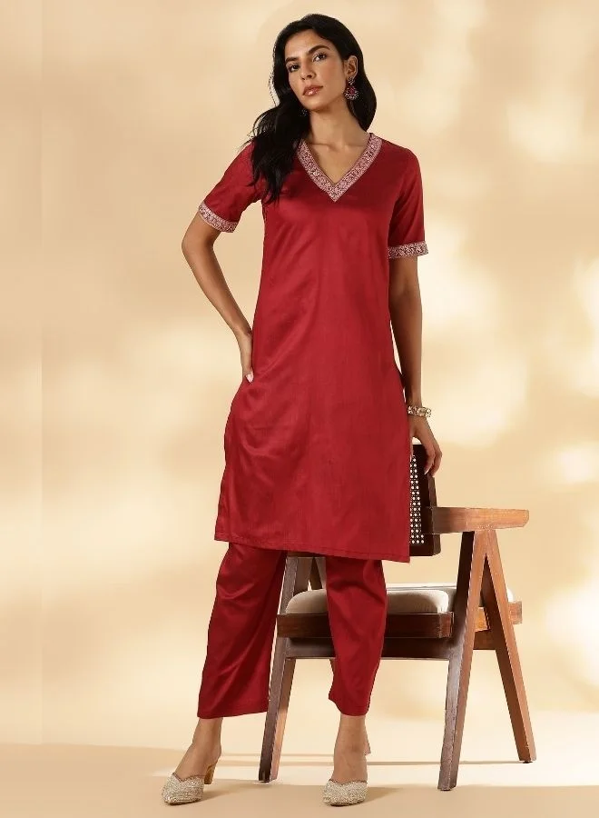 Abhishti Red Brocade Border V-Neck Kurta Set