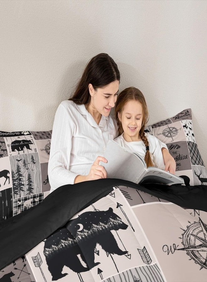 Erosebridal طقم لحاف بنقشة الدب والغزال، مقاس كوين، بتصميم ريفي، بتصميم مرقع، مناسب للأطفال والمراهقين والبالغين، بتصميم كابينة عتيقة، طقم لحاف بنقشة حيوانات الغابة، بتصميم مربعات الجاموس، بتصميم ريفي، لون بني - Image 5