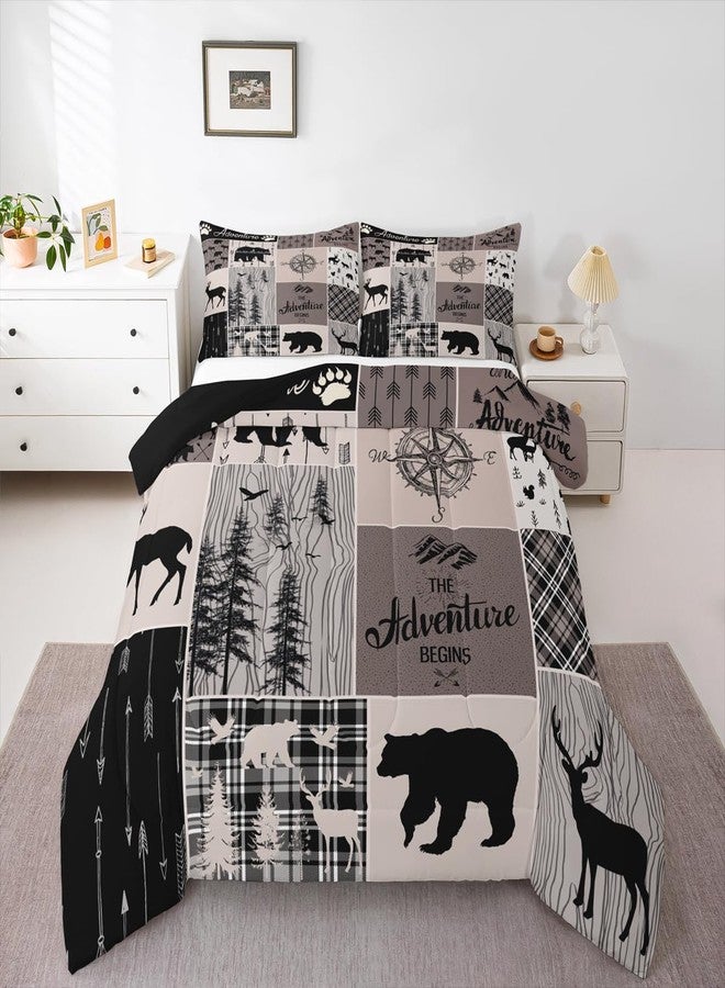 Erosebridal طقم لحاف بنقشة الدب والغزال، مقاس كوين، بتصميم ريفي، بتصميم مرقع، مناسب للأطفال والمراهقين والبالغين، بتصميم كابينة عتيقة، طقم لحاف بنقشة حيوانات الغابة، بتصميم مربعات الجاموس، بتصميم ريفي، لون بني - Image 1