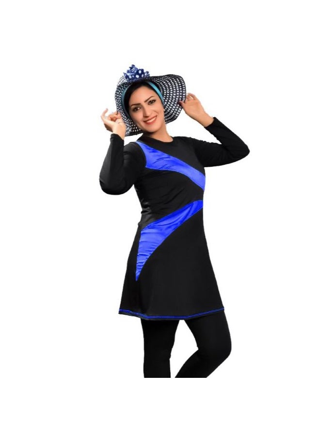 Women's swimsuit, 3 pieces, vest and jumpsuit with sleeves and bonnet