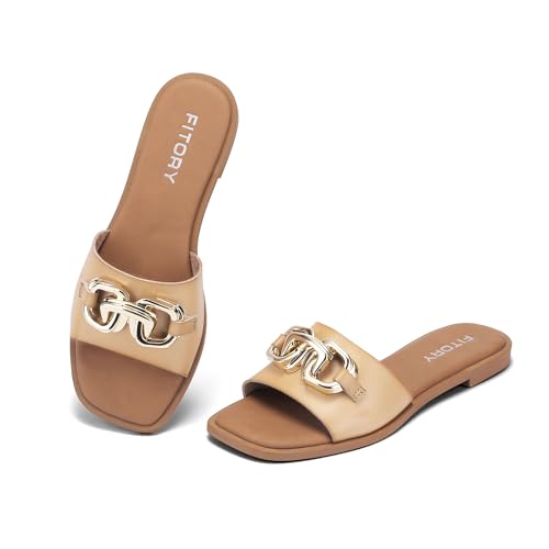 FITORY Women's Flat Sandals Fashion Slides With Soft Leather Slippers for Summer Size 8 - Image 5