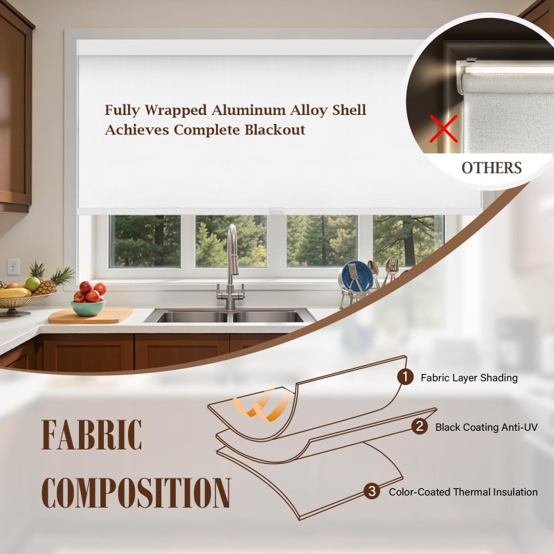 AOSKY Blackout Roller Shades Cordless Blinds for Windows, Free-Stop Shades with Valance, Thermal Insulated Fabric, UV Protection, Blinds for Home and Office (20" W x 72" H, Linen White) - Image 5