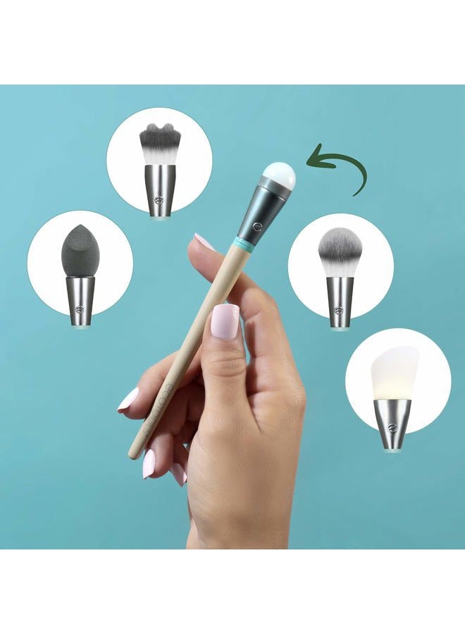 Ecotools Wake Up + Glow Interchangeables Makeup Brush Set with Case, With Beauty Blender Makeup Sponge, Silicone Applicator Face Mask Brush, Eye Roller Depuffer (Set of 6) - Image 5