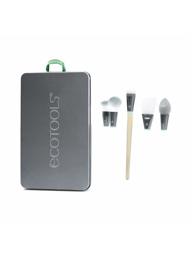 Ecotools Wake Up + Glow Interchangeables Makeup Brush Set with Case, With Beauty Blender Makeup Sponge, Silicone Applicator Face Mask Brush, Eye Roller Depuffer (Set of 6) - Image 3