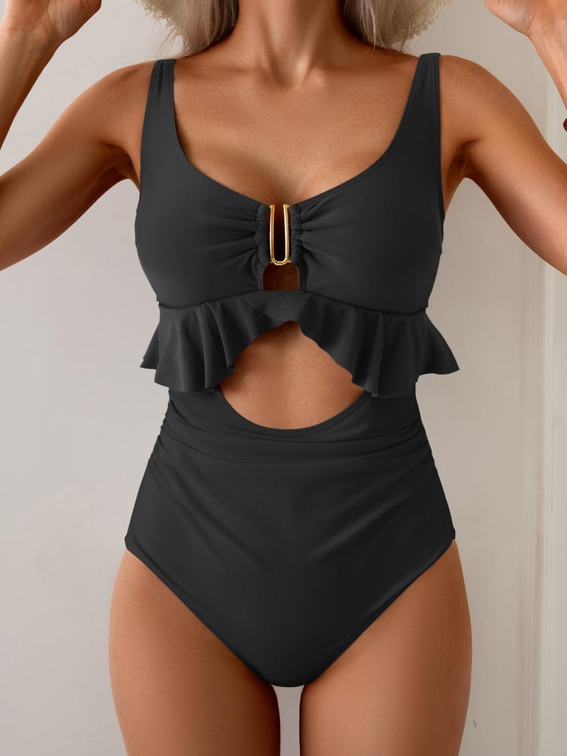 B2prity Womens One Piece Swimsuit Tummy Control Ruffled Bathing Suit V Neck Cutout Swim Suit Tie Back Swimwear Black - Image 2