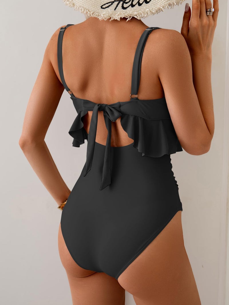 B2prity Womens One Piece Swimsuit Tummy Control Ruffled Bathing Suit V Neck Cutout Swim Suit Tie Back Swimwear Black - Image 3