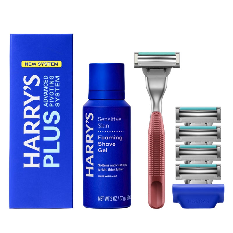 HARRY'S PLUS: Starter Shaving Kit for Men - Premium Handle, 5 Razor Blade Cartridges, 2 oz Foaming Shave Gel & Travel Cover, Advanced Pivoting System - Clay - Image 1