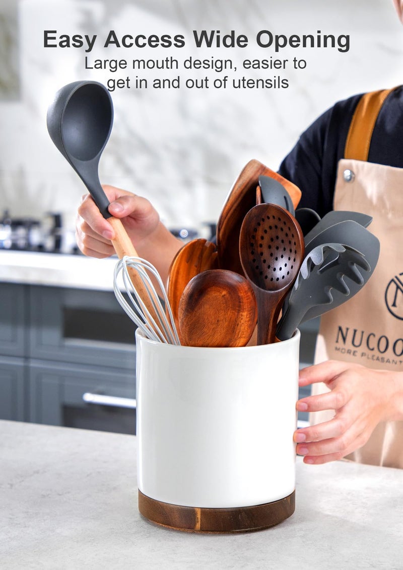 Nucookery 360Â° Rotating Utensil Holder, 7.2" Large Utensil Crock, White Ceramic Cooking Utensil Organizer with Countertop-Protection Cork Bottom for Farmhouse Kitchen Decor Christmas Gift (White) - Image 2