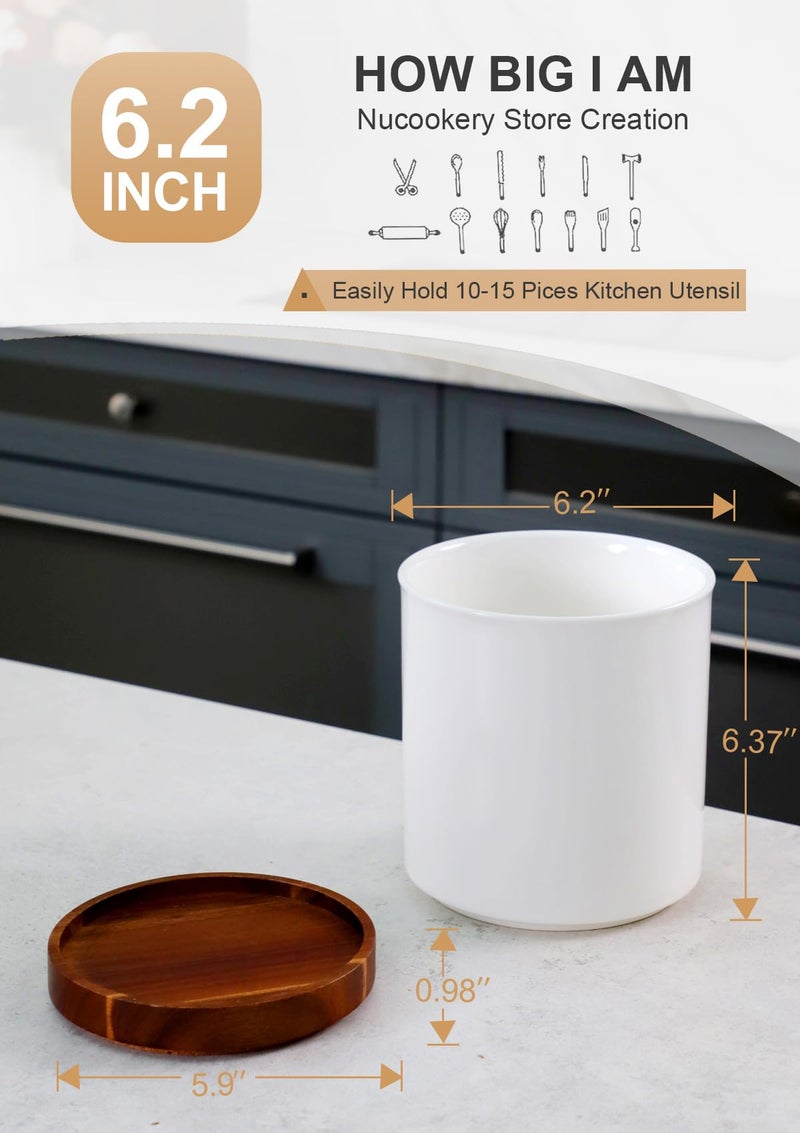 Nucookery 360Â° Rotating Utensil Holder, 7.2" Large Utensil Crock, White Ceramic Cooking Utensil Organizer with Countertop-Protection Cork Bottom for Farmhouse Kitchen Decor Christmas Gift (White) - Image 3