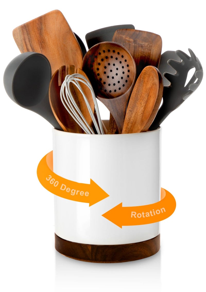 Nucookery 360Â° Rotating Utensil Holder, 7.2" Large Utensil Crock, White Ceramic Cooking Utensil Organizer with Countertop-Protection Cork Bottom for Farmhouse Kitchen Decor Christmas Gift (White) - Image 1