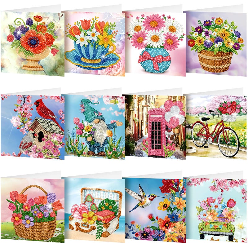 Saillong 12 Pack Spring Diamond Painting Greeting Card Kits Spring Diamond Art Cards with Envelopes Easter Gnome Tulips Flowers 5D Rhinestones Painting Kits for Adults DIY Crafts Family Friend Gifts - Image 1