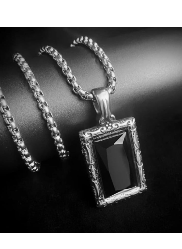 Titanium Steel necklace Jewelry Carved With Large Black Gemstones, Domineering Totems, Individualistic And Trendy Accessories For Men  - Image 1