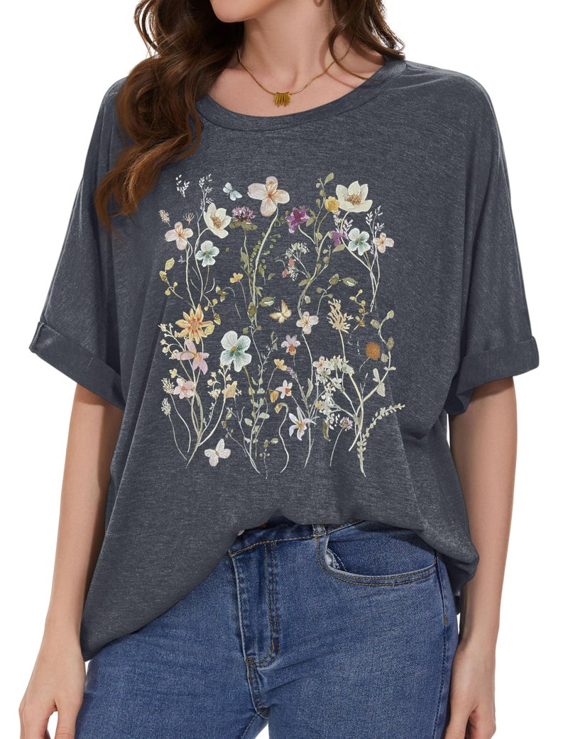 rosemia Oversized T-Shirt for Women Summer Short Sleeve Casual Basic Tee Tops Loose Fit Shirtsï¼ˆColorful Flowers, 3XLï¼‰ - Image 1