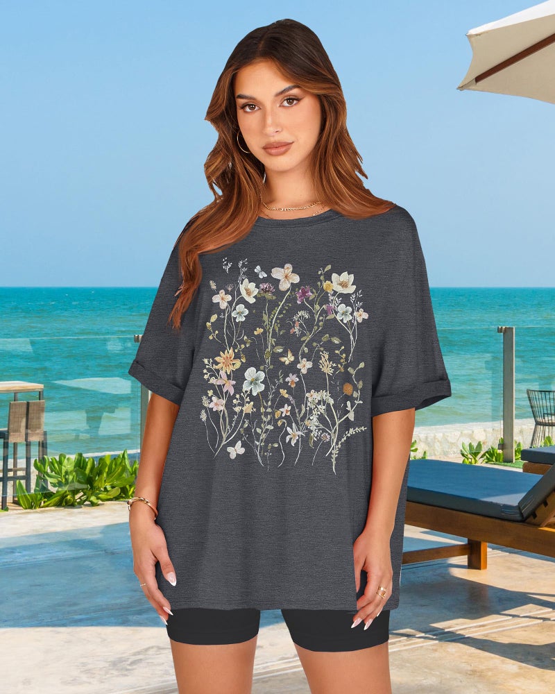 rosemia Oversized T-Shirt for Women Summer Short Sleeve Casual Basic Tee Tops Loose Fit Shirtsï¼ˆColorful Flowers, 3XLï¼‰ - Image 2