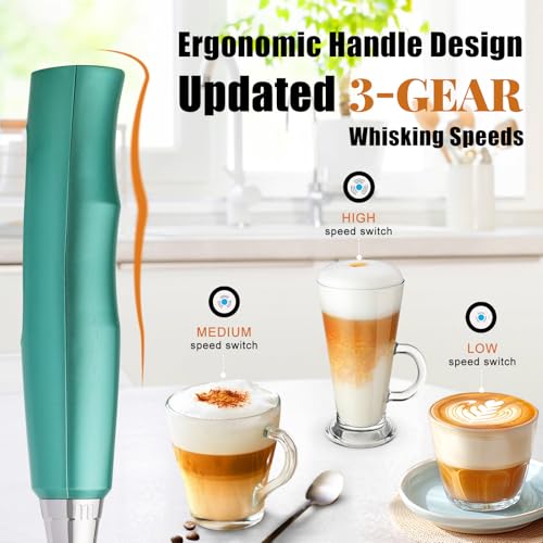 Nahida Green Milk Frother Wand for Coffee, Frother Handheld Rechargeable Electric Whisk with 3 Heads 3 Speeds Drink Mixer Coffee Frother Foam Maker For Latte, Cappuccino, Hot Chocolate, Egg - Image 3