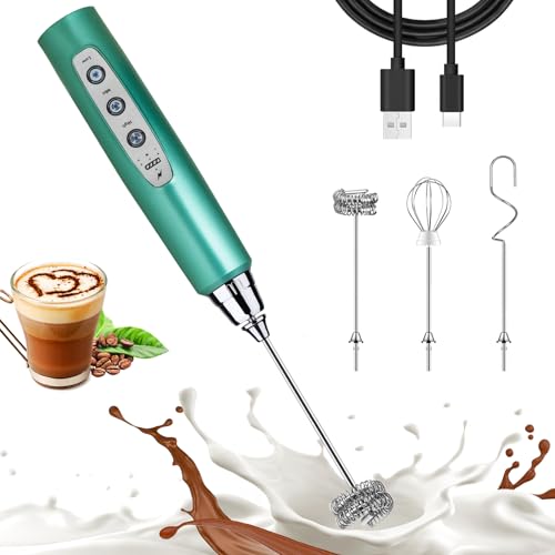 Nahida Green Milk Frother Wand for Coffee, Frother Handheld Rechargeable Electric Whisk with 3 Heads 3 Speeds Drink Mixer Coffee Frother Foam Maker For Latte, Cappuccino, Hot Chocolate, Egg - Image 1