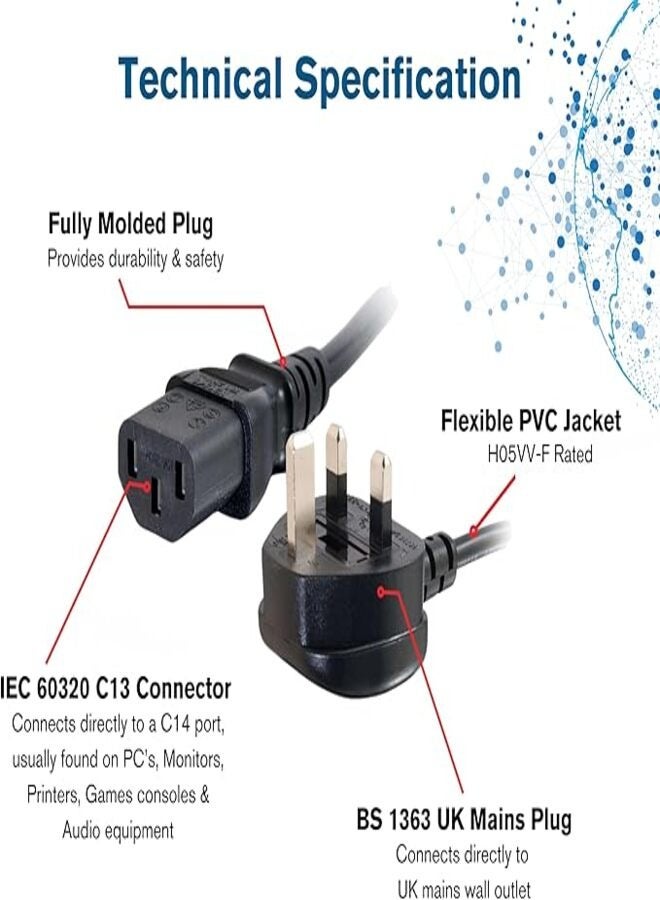 FUJISHKA Power Cable PC 5M (16.5ft) –UK power cord with fuse Heavy Duty 3-Prong AC Cable with Pure Copper Wire and Built-in Fuse – For PC, Monitor, TV, Printer, Copier, Shredder – Black - Image 2