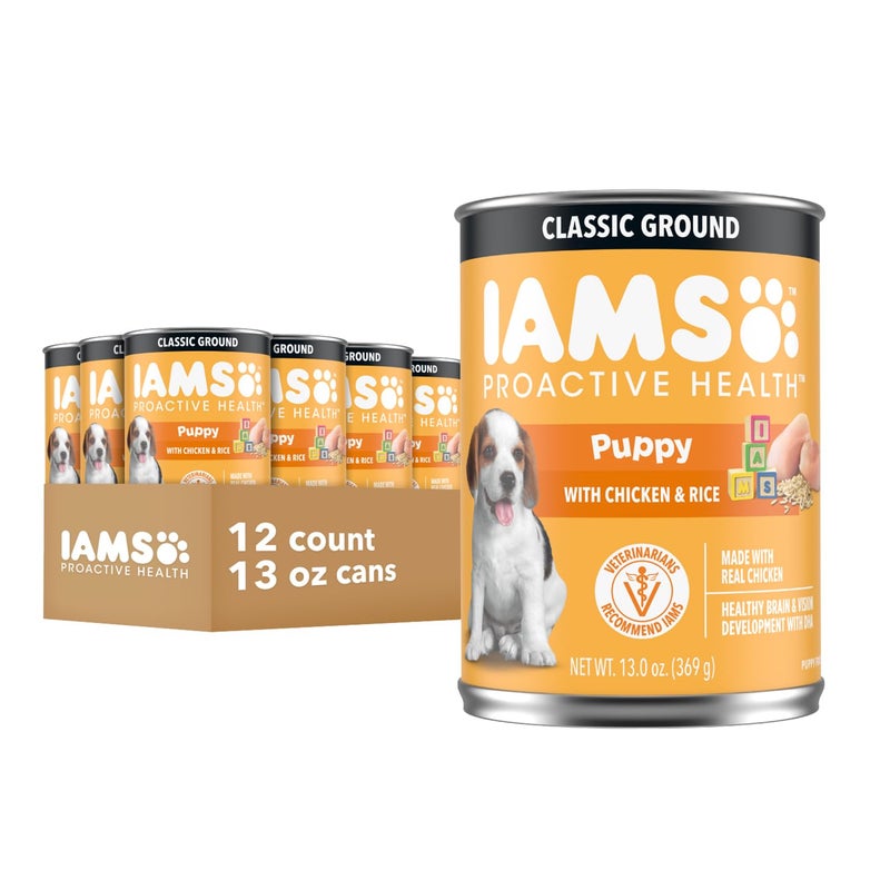 IAMS Proactive Health Puppy Wet Dog Food, Classic Ground Dog Wet Food, with Chicken and Rice, 13 oz. Cans (Pack of 12) - Image 1