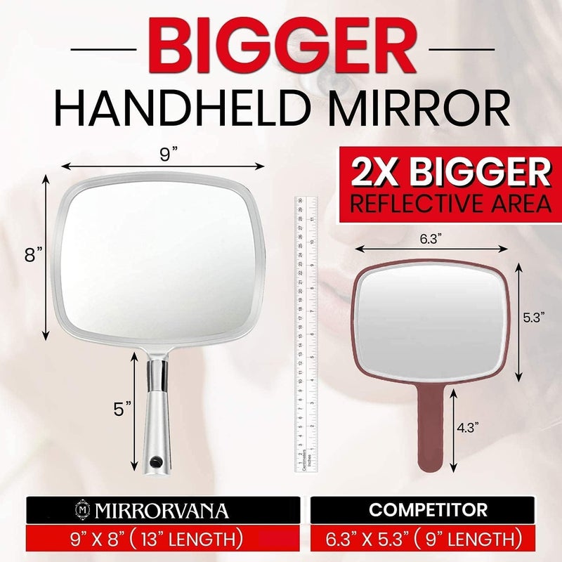 MIRRORVANA Professional Large Hand Mirror with Ergonomic Handle for Men & Women - Premium Handheld Haircut Mirrors for Barber and Salon - 9" x 13" (Elegant Silver Luxe Edition) - Image 2