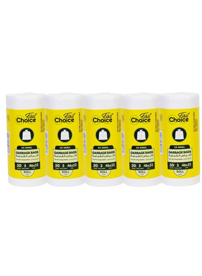 First Choice, Bio-Degradable , Pack of 5, 5 Gallons, 150 Pieces Trash Bags (5x30s) Garbage Bags, Size 46x52 cm, Trash Bags, Bin Liner, Waste Bags for Indoor and Outdoor Purposes, Xxsmall