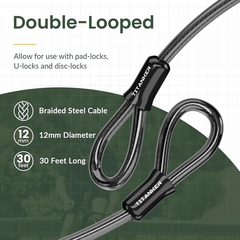 Titanker Bike Lock Cable,12mm Thick Security Cable with Loops Heavy Duty Steel Cable Vinyl Coated Bike Cable Lock Security Chain (4ft, 7ft, 15ft, 30ft) - Image 4