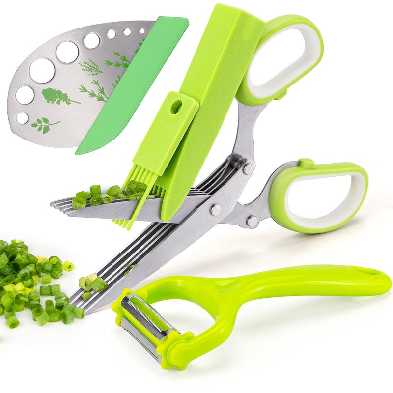 VlBlRlIT2025 Upgraded Herb ScissorLeaf StripperStainless Steel 5Blade Kitchen ScissorsPeelers for KitchenforChopping ChiveVegetablesSaladcollard GreensParsleyRosemary As Christmas gifts Green
