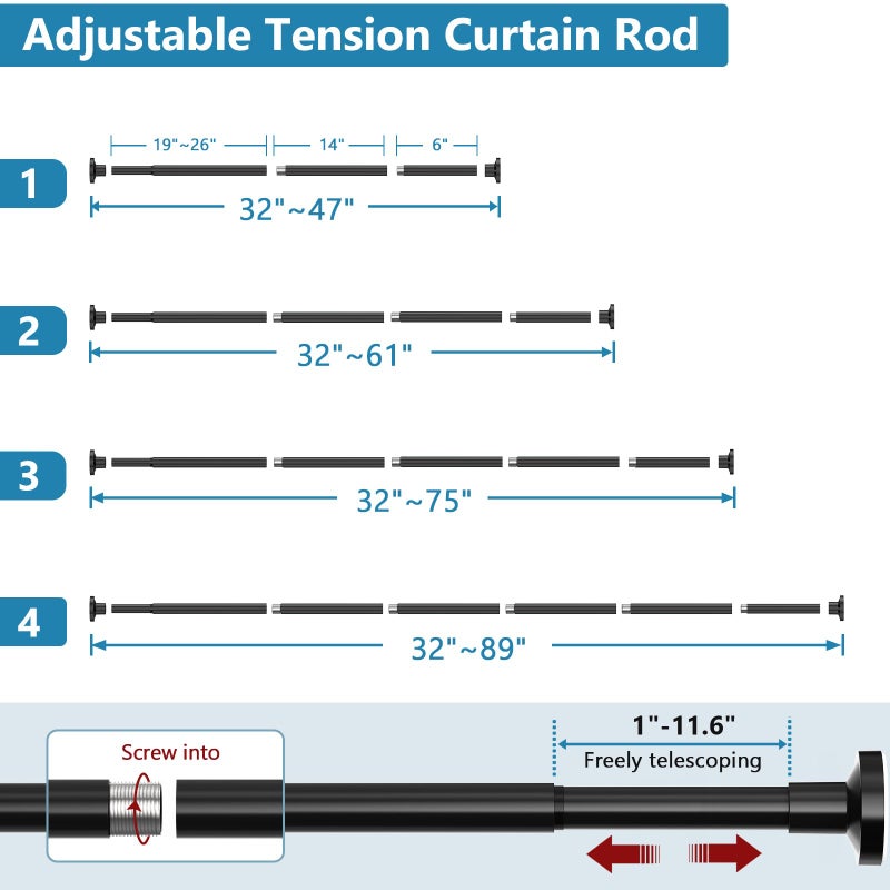 Bonpally Shower Curtain Rod, Adjustable 32-75 Inches Spring Tension Rod, Non-Slip No Drilling Stainless Steel Shower Rods for Bathroom Window Room Divider, Never Rust, Black - Image 4