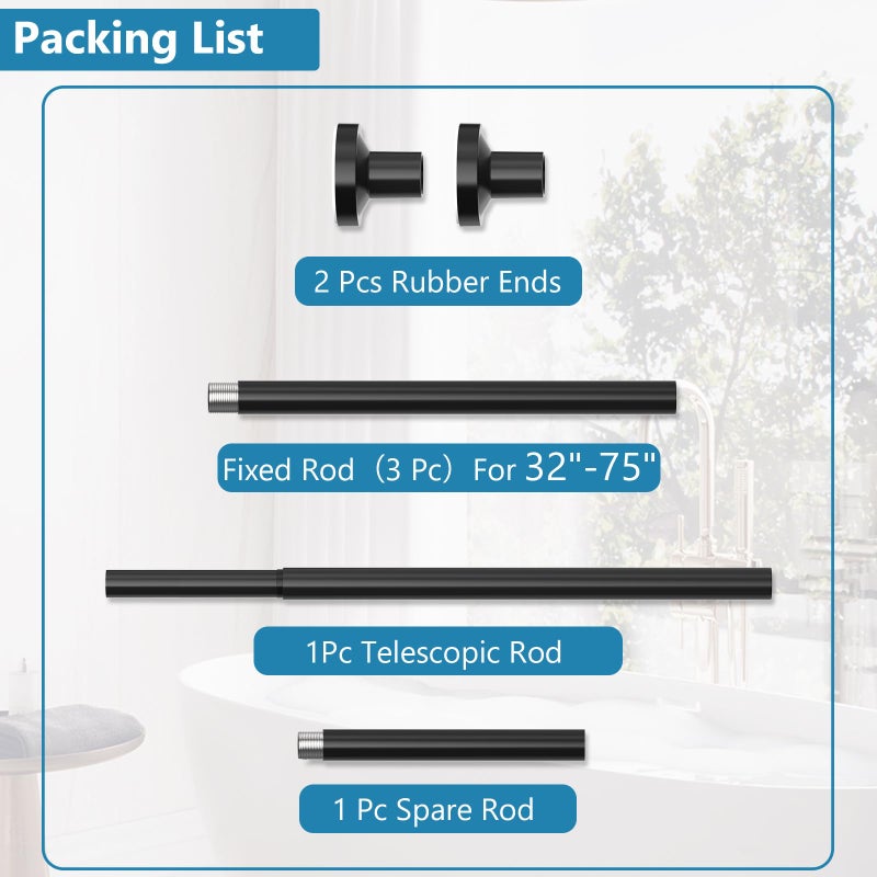 Bonpally Shower Curtain Rod, Adjustable 32-75 Inches Spring Tension Rod, Non-Slip No Drilling Stainless Steel Shower Rods for Bathroom Window Room Divider, Never Rust, Black - Image 5