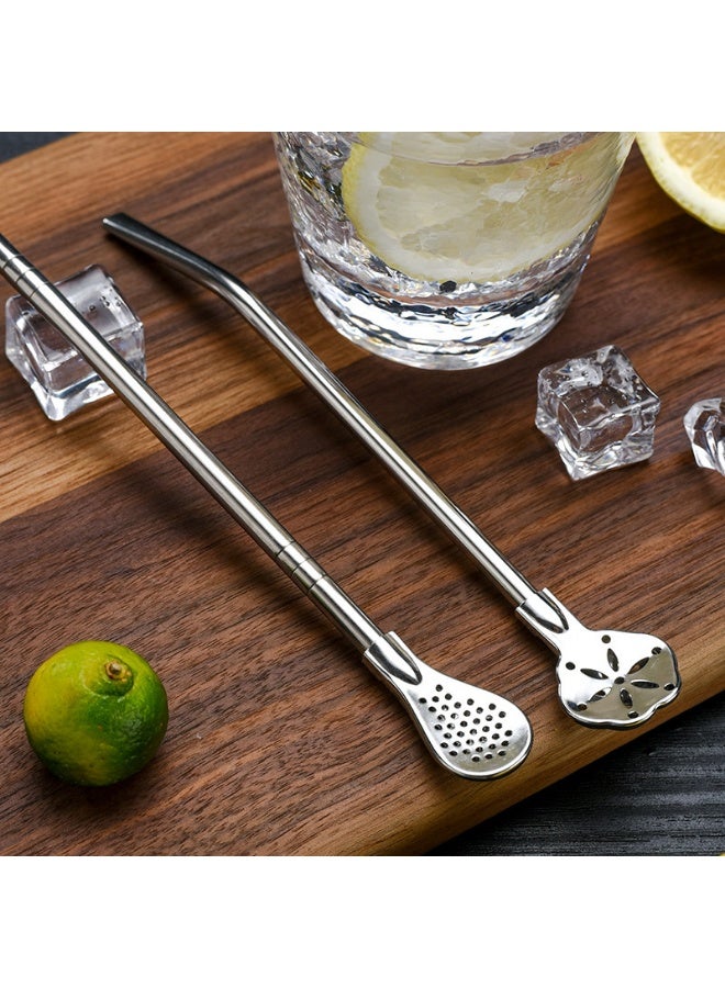 Portable Reusable Stainless Steel Straw Spoon Set for Home, Outdoor, Party and Café, Office, Suitable for Bubble Tea, Juice, Coffee and Water, Complete with Cleaning Brush  - Image 1