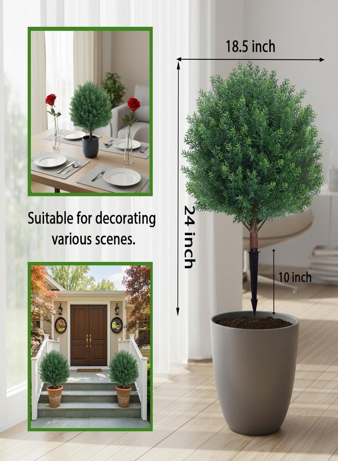 مجموعة من شجرتين صناعيتين على شكل كرة من السرو - شجيرات صنوبر صناعية خارجية بطول 24 بوصة مع وتد أرضي، نباتات صناعية واقعية داخلية لتزيين حديقة المنزل والشرفة الأمامية - Image 2