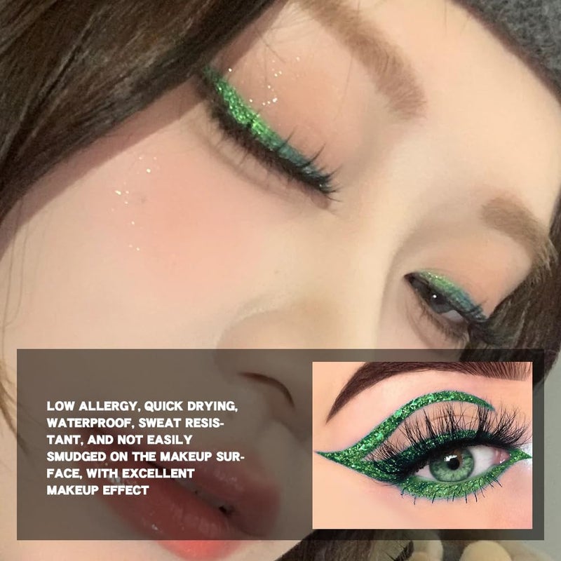 evpct 1Pcs Green Glitter Shimmer Liquid Eyeliner Eye Shadow Makeup Pencil Pen, Green Face Body Glitter False Eyelashes Lashes Freckles Accessories, Sparkle Metallic Colored Eyeliner Waterproof Smudge - Image 2