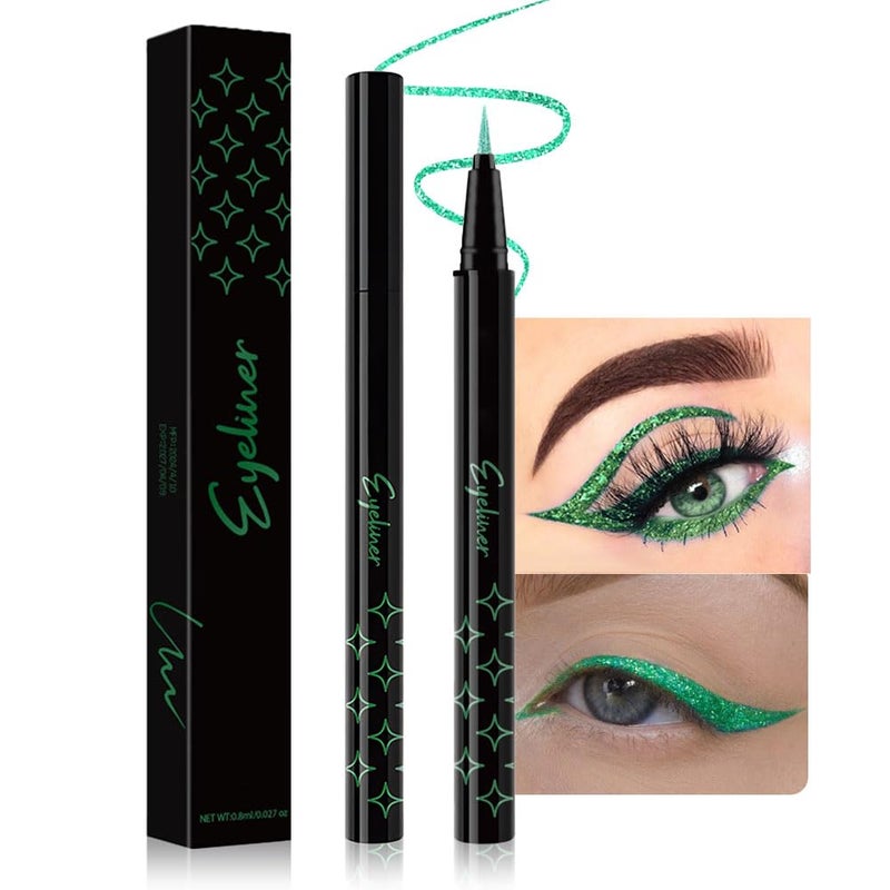 evpct 1Pcs Green Glitter Shimmer Liquid Eyeliner Eye Shadow Makeup Pencil Pen, Green Face Body Glitter False Eyelashes Lashes Freckles Accessories, Sparkle Metallic Colored Eyeliner Waterproof Smudge - Image 1