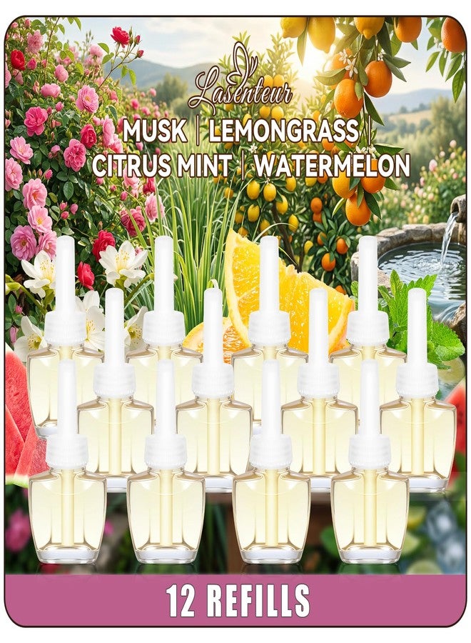 عبوات معطر جو كهربائية للمنزل، عبوة من 12 قطعة، 7.92 أونصة سائلة، بروائح المسك، وعشب الليمون، والنعناع الحمضي، والبطيخ الصيفية للحمام وغرفة النوم، متوافقة مع معطرات الجو من إير ويك وجليد، لا تشمل جليد بلس - Image 1