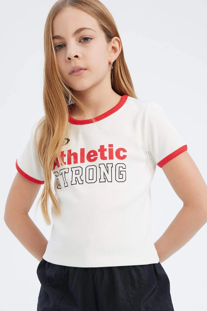 ديفاكتو Girl Slim Fit Crew Neck Printed Corduroy T-Shirt