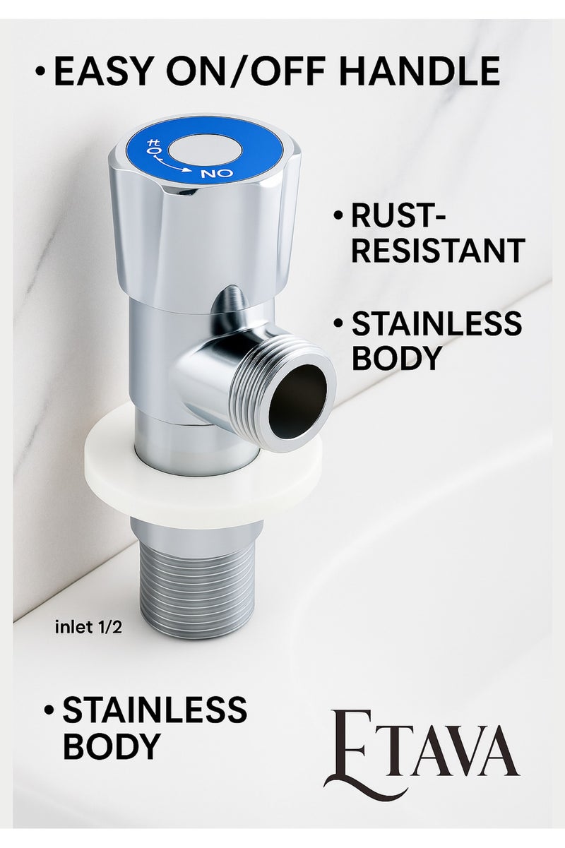 إيتافا صمام زاوية 1/2 × 1/2 بوصة (ستانلس ستيل) مع شريط تفلون | محبس ماء للتحكم في تدفق المياه للحمام والمطبخ ودورة المياه | مقاوم للصدأ - Image 2