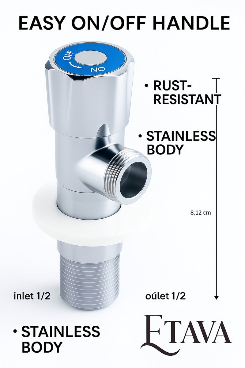 إيتافا صمام زاوية 1/2 × 1/2 بوصة (ستانلس ستيل) مع شريط تفلون | محبس ماء للتحكم في تدفق المياه للحمام والمطبخ ودورة المياه | مقاوم للصدأ - Image 3