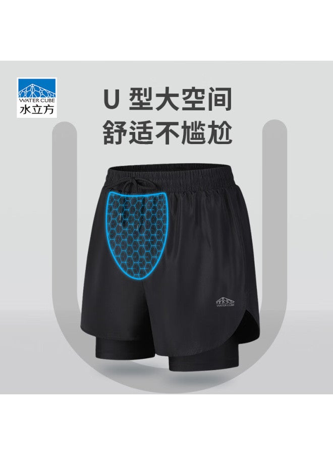 Water Cube Men's Double-layer Quick-dry Comfortable Breathable Swim Trunks Black Xxl