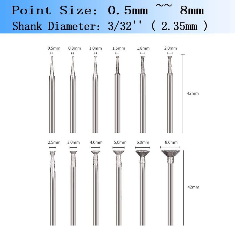 Luo ke 12 Pcs Bowl Shape Diamond Burr Set, 3/32'' Shank Stone Carving Sets Diamond Concave Burr Wire Rounder Bits Fits for Rotary Tools - Image 2