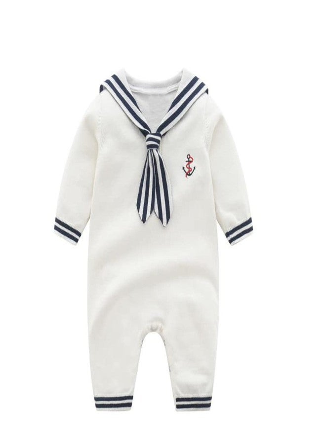 Mud Kingdom Boutique Baby Boy Nautical Sweater Romper Stripe White 0-3 Months - Image 1