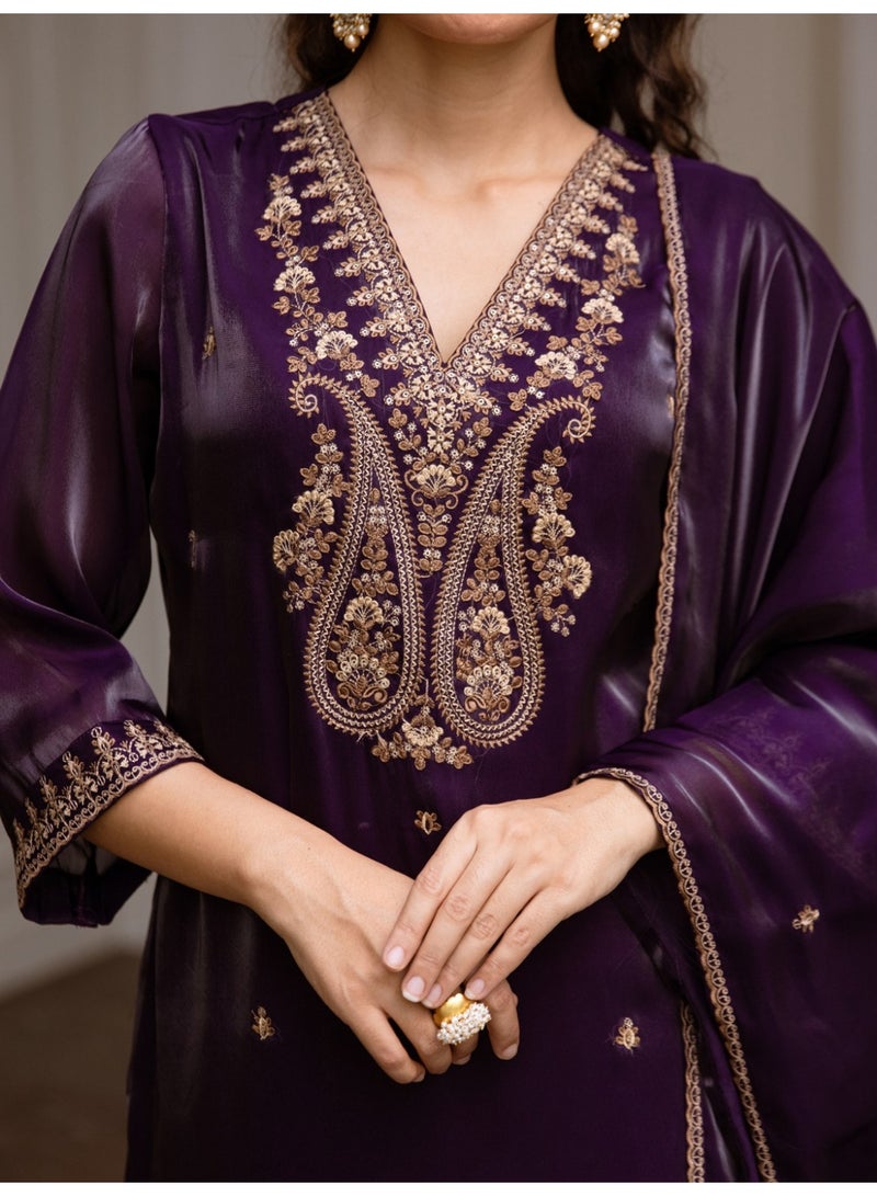 Ameya Purple-embroidered-straight-kurta-trousers-with-dupatta-set - Image 1