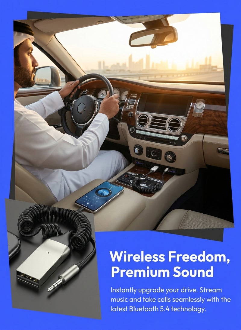 Bluetooth 5.4 AUX Car Audio Receiver, Wireless 3.5mm Adapter with Built-in Microphone, Hands-Free Calling, Coiled Cable, Plug & Play for Car Stereo - Image 3