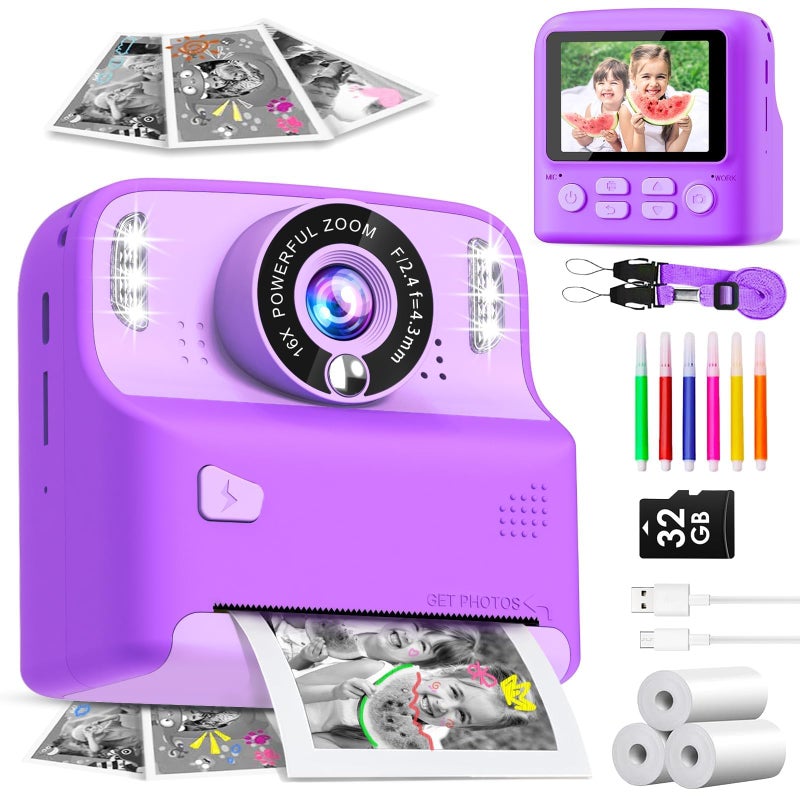 MindPal Kids Camera Instant Print 1080P HD Digital Cameras for Boys and Girls with 32G Card 200 Photo Papers Toy for Girls Age 316 3 4 5 6 7 8 9 10 Year Old Toddler and Teenagers Purple - Image 2