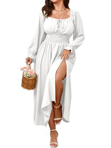SHESTARR Women's Plus Size Dress Long Sleeve Smocked Dress Square Neck Tie Front Split A-Line Maxi Long Dresses White - Image 1