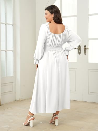 SHESTARR Women's Plus Size Dress Long Sleeve Smocked Dress Square Neck Tie Front Split A-Line Maxi Long Dresses White - Image 5